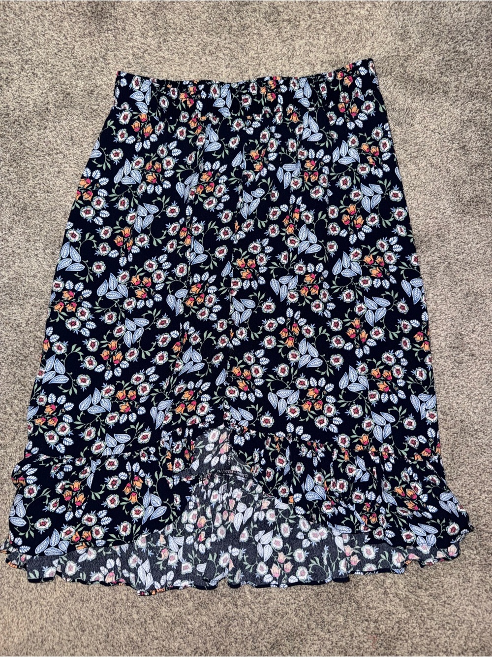 LOFT Navy Floral Midi Skirt with Red & Pink Accents